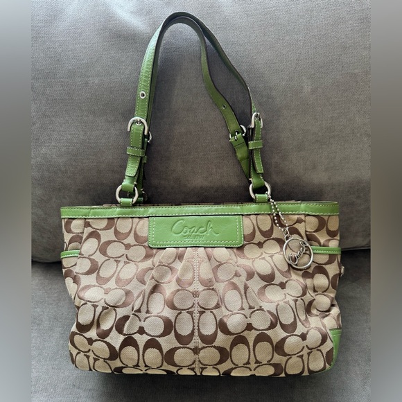 Coach Handbags - Coach Green and Tan Signature Pleated Gallery Tote Shoulder Bag F14281 EC